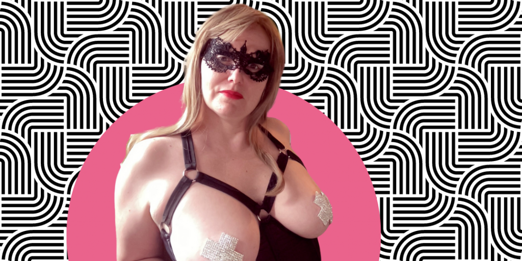 Bold curved geometric pattern in black and white with a picture of Brooke over a bright pink half circle of center to the left.